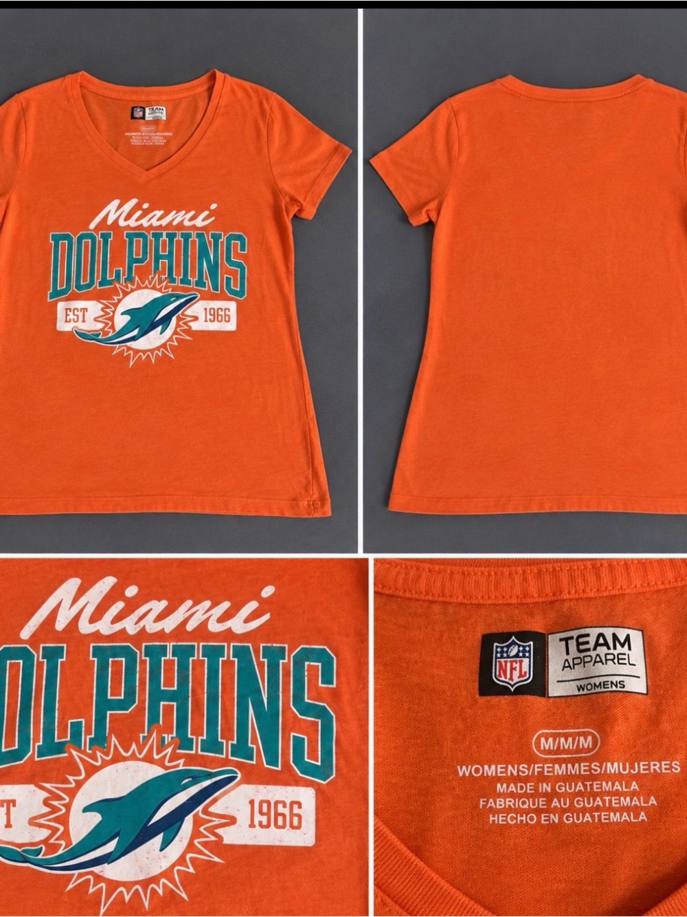NFL Miami Dolphins Orange V-Neck Tee with Teal Graphic